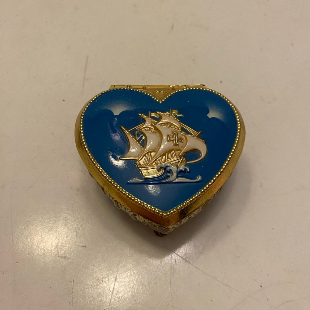 Sailing Ship Heart shape Trinket Box  Blue and Silver with Red Lining Vintage
